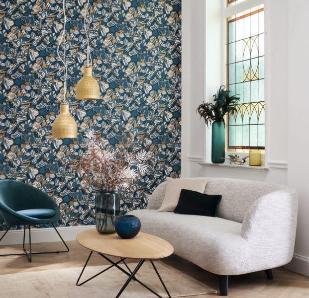 Casadeco 85716306 1930 Tulipe Bleu Or - tapeta roślinna