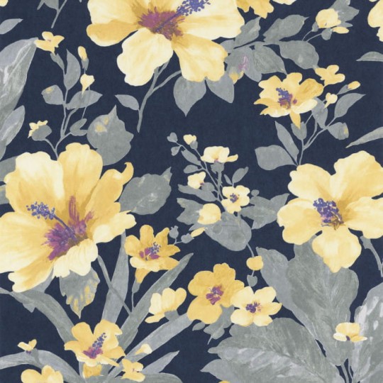 Casadeco 82346506 Florescence Luxemburg Encre - tapeta w kwiaty hibiskusa