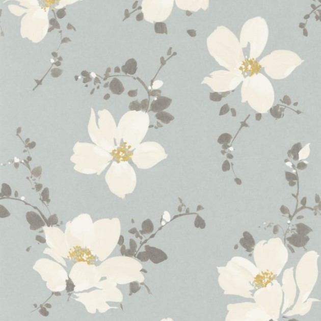 Casadeco 82326116 Florescence Sabatini Bleu - tapeta w białe kwiaty na błękitnym tle