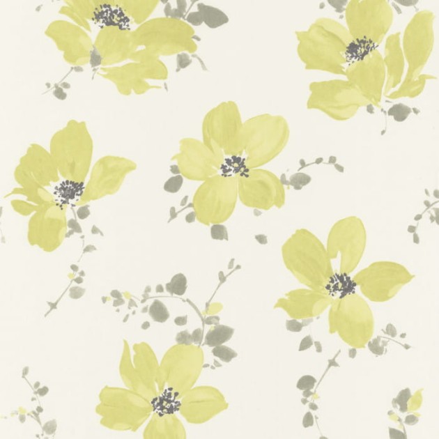 Casadeco 82327210 Florescence Sabatini Vert - tapeta w zielone kwiaty na białym tle