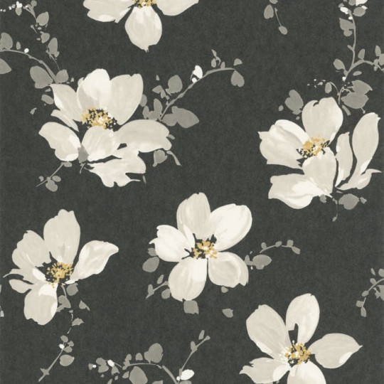 Casadeco 82329534 Florescence Sabatini Noir - tapeta w białe kwiaty na czarnym tle