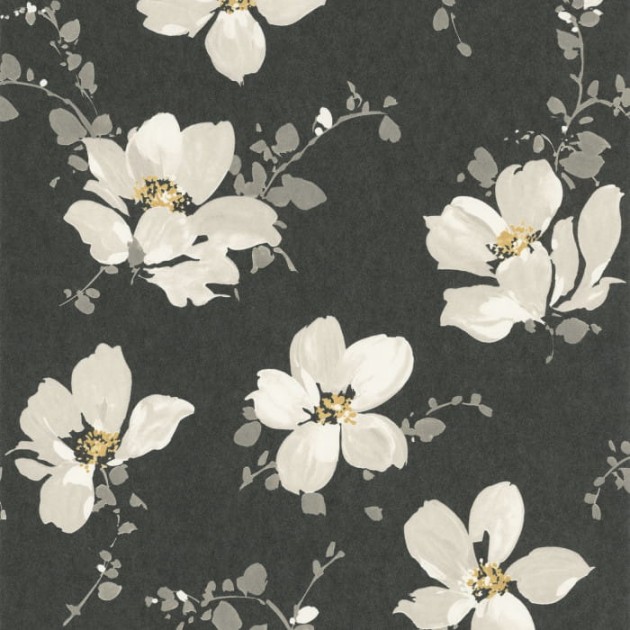 Casadeco 82329534 Florescence Sabatini Noir - tapeta w białe kwiaty na czarnym tle