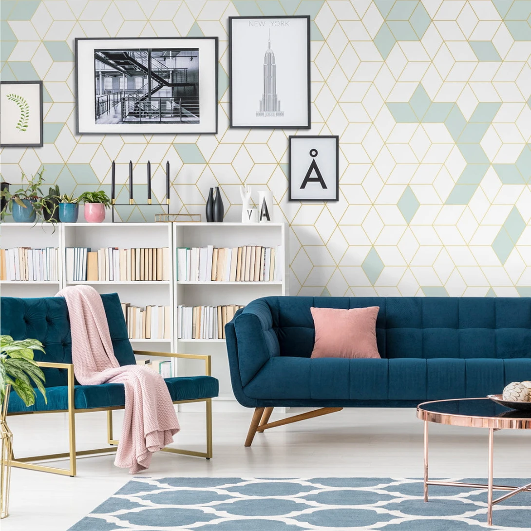 Wall Art Originals Shapes Fusion mint&gold - mural sześciany