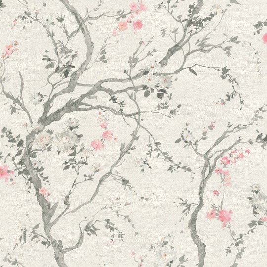 Rasch Textil 295879 Sakura - tapeta z motywem drzew i kwiatów na lnianym tle