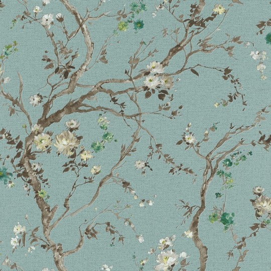 Rasch Textil 295886 Sakura - tapeta z motywem drzew i kwiatów na lnianym tle