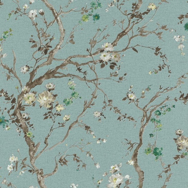 Rasch Textil 295886 Sakura - tapeta z motywem drzew i kwiatów na lnianym tle