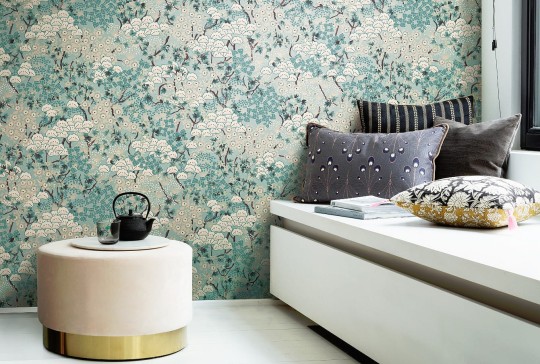 Rasch Textil 295145 Sensai YUZEN EMERALD & GOLD - tapeta z motywem lasu, drzew i kwiatów