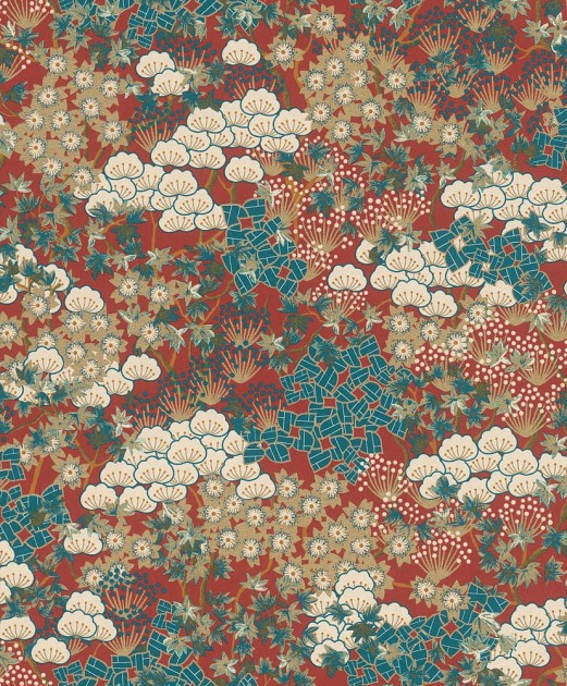 Rasch Textil 295152 Sensai YUZEN CAPSICUM RED & GOLD - tapeta z motywem lasu, drzew i kwiatów
