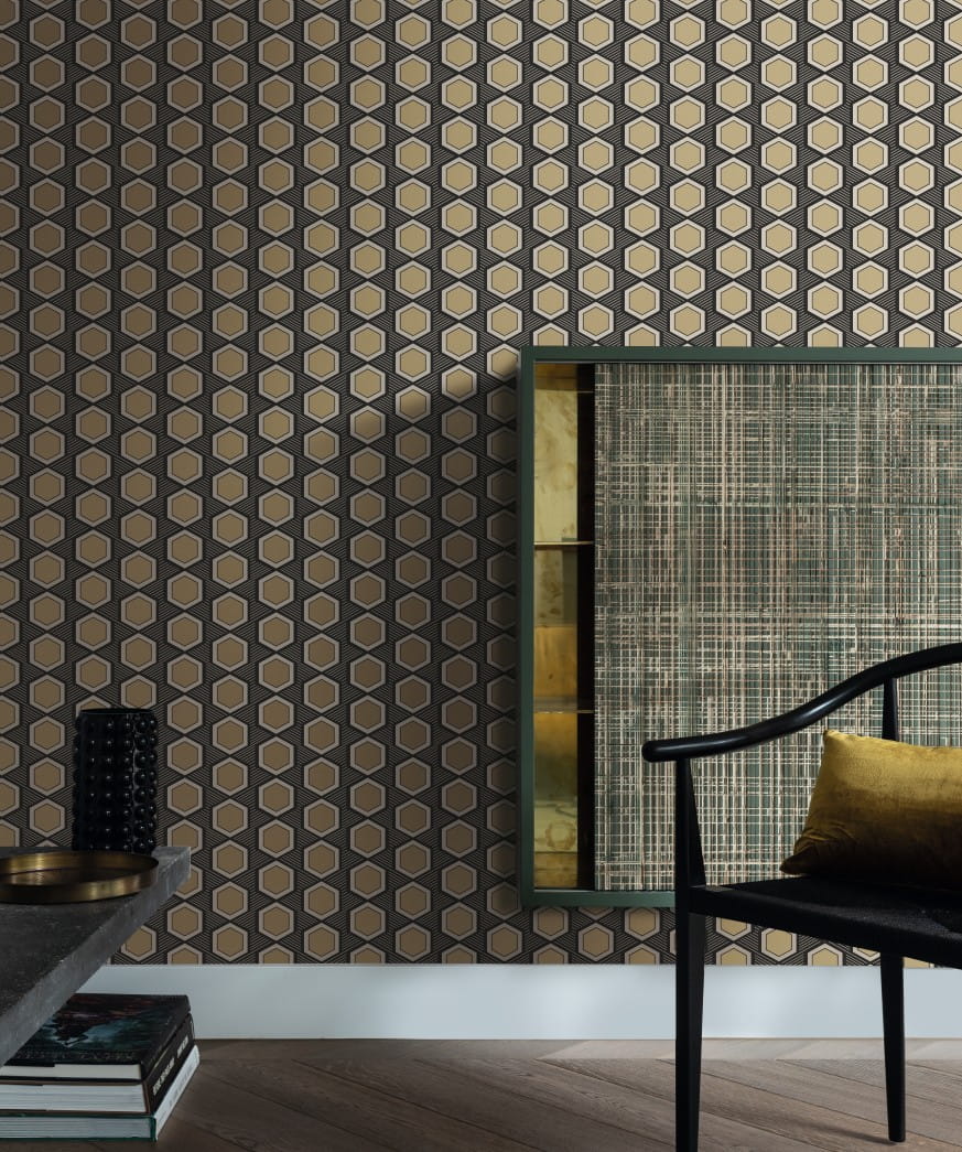 Rasch Textil 297859 Sensai HANIKAMU CAPSICUM RED & GOLD - geometryczna tapeta z motywem heksagonów