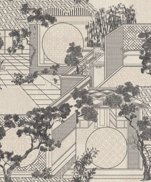 Rasch Textil 298962 Sensai ZEN GARDEN OFFWHITE & BLACK - japońska tapeta z motywem drzew, budynków i roślin