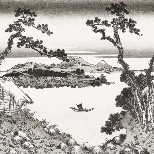 Rasch Textil 296500 Sensai SUWA-KO BLACK & WHITE - mural z japońskim krajobrazem wioski z górami, jeziorem, domami i drzewami