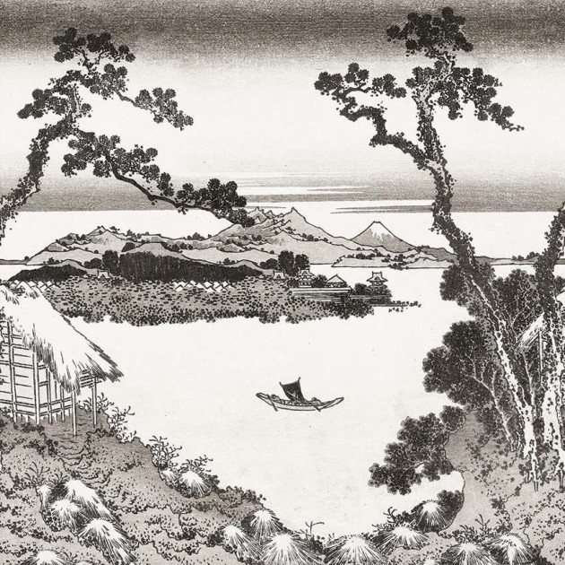 Rasch Textil 296500 Sensai SUWA-KO BLACK & WHITE - mural z japońskim krajobrazem wioski z górami, jeziorem, domami i drzewami