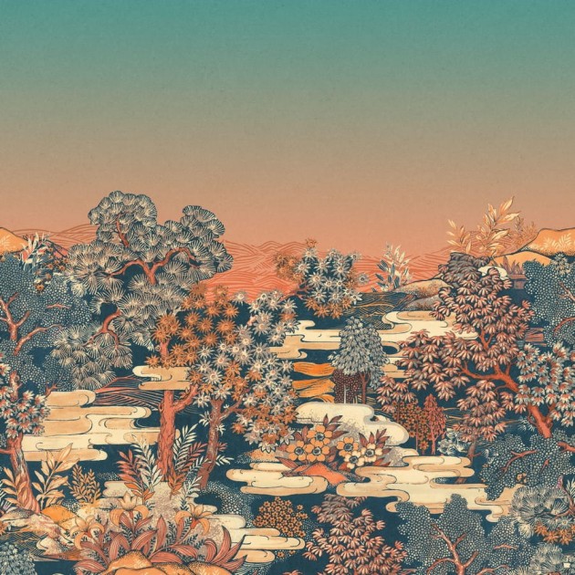 Rasch Textil 296517 Sensai TOKUSHIMA GARDEN SUNSET - mural z japońskim krajobrazem wioski z ogrodem, domami i drzewami