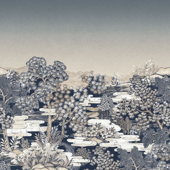 Rasch Textil 296524 Sensai TOKUSHIMA GARDEN BLUE PRINT - mural z japońskim krajobrazem wioski z ogrodem, domami i drzewami