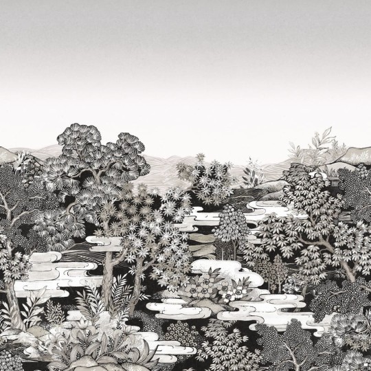 Rasch Textil 296531 Sensai TOKUSHIMA GARDEN NEUTRAL - mural z japońskim krajobrazem wioski z ogrodem, domami i drzewami