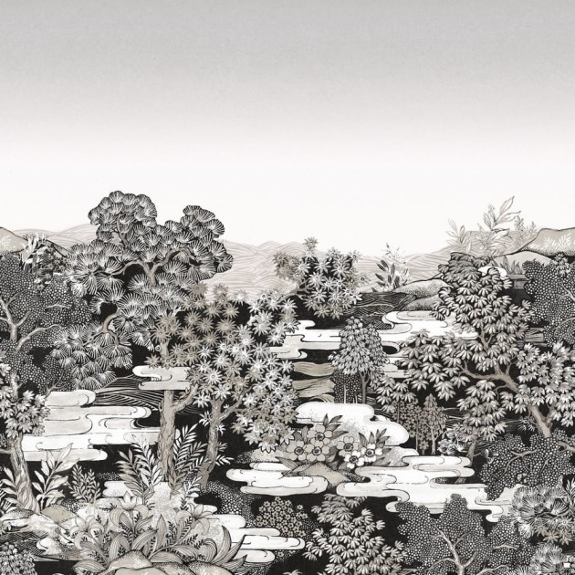 Rasch Textil 296531 Sensai TOKUSHIMA GARDEN NEUTRAL - mural z japońskim krajobrazem wioski z ogrodem, domami i drzewami