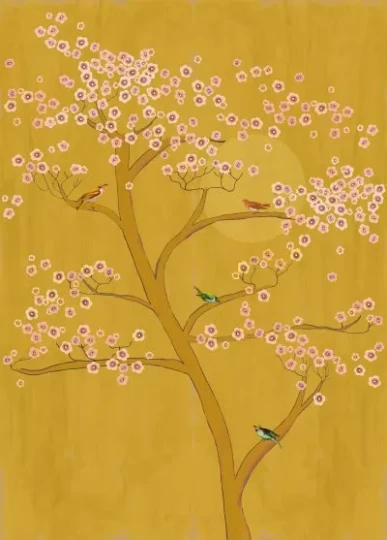 Rasch Textil 542127 Amazing UNDERNEATH CHERRY TREE IN MOONLIGHT - mural z motywem drzewa wiśni i ptaków