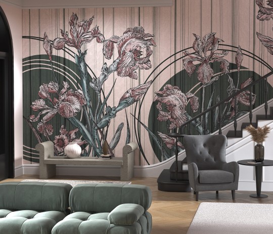 Wallcraft 670 32 2202 Clarri - geometryczny mural z motywem kwiatów irysa, prążków i kół