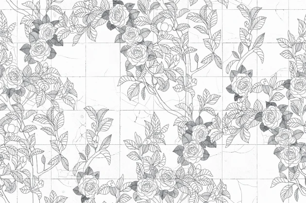 Rebel Walls R19310 Imperfections Rose Tiles Graphite - mural z rysunkami róż na płytkach