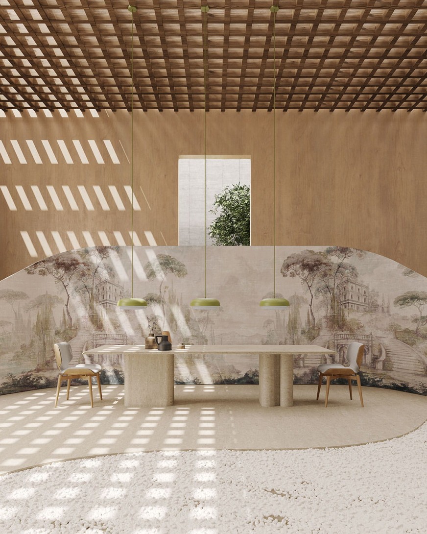 Inkiostro Bianco INKRANA2301 Viaggio in Italia Lago di Garda - architektoniczny mural z motywem schodów, pałaców i drzew