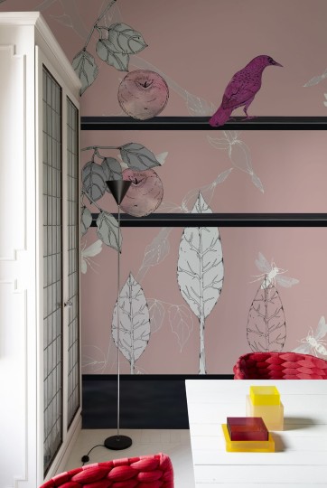 Wall & Deco Contemporary 2023 Jeu de pommes WDJP2301 - fototapeta z motywem liści, ptaków i jabłek