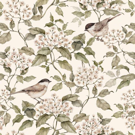 Dekornik DEKO.TAP.358 Birds and Beige Spring - tapeta z motywem kwiatów i wróbli
