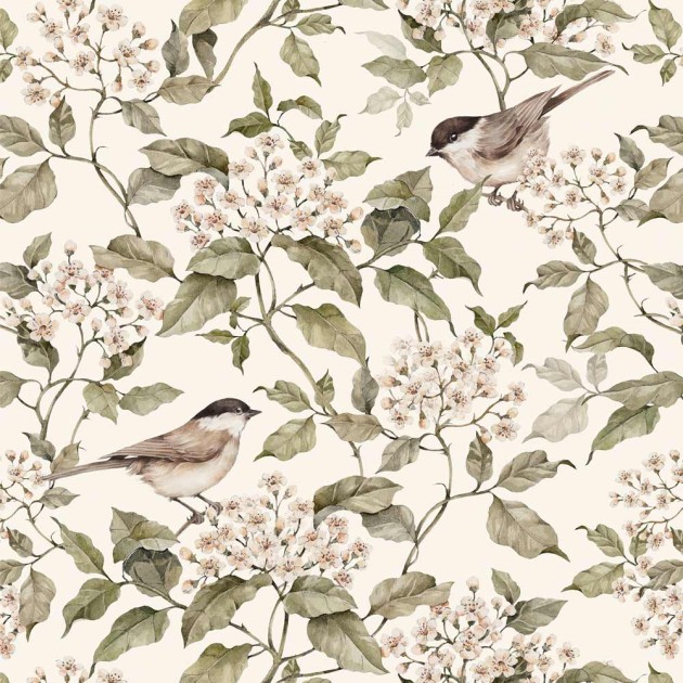 Dekornik DEKO.TAP.358 Birds and Beige Spring - tapeta z motywem kwiatów i wróbli