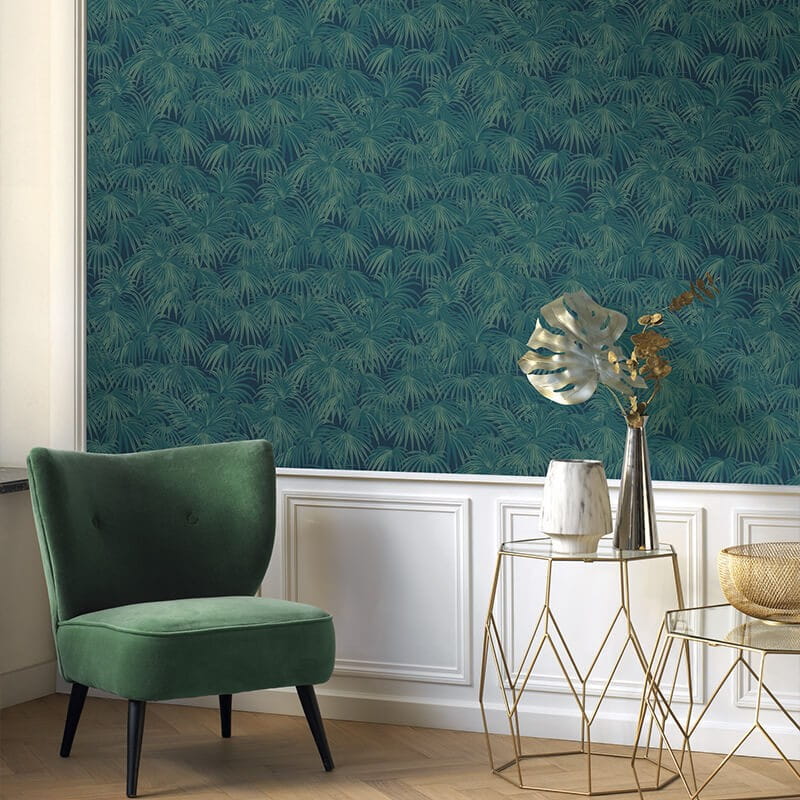 Casadeco 88657557 Twenties Charleston Vert Conopee - tapeta liście palmy
