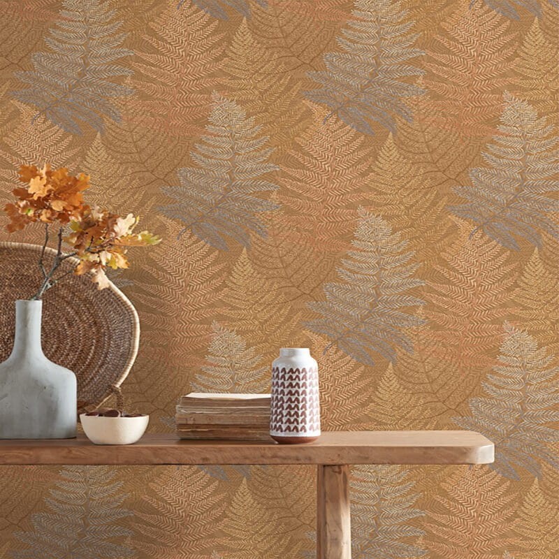 Casadeco 88812424 California Yosemite Jaune Ocre - tapeta liście sekwoi