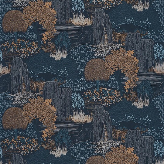 Casadeco 88726759 Kyoto Niwa Bleu Encre - tapeta z motywem japońskiego ogrodu