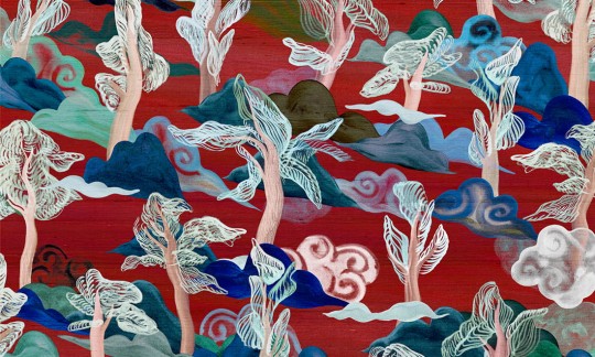 Arte 11540 Alaya Saranda Vermilion Trees - tapeta z motywem wzgórz i drzew