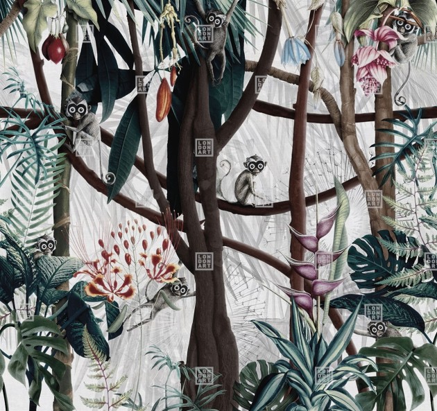 London Art 18053-03 22 Iconic Re-edition Looks in the Forest - tropikalny mural z motywem drzew kakaowca i małpek