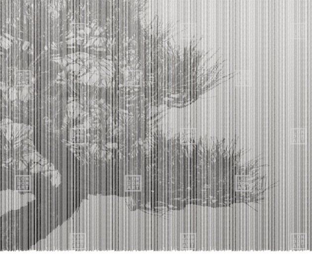 London Art 20016-04 22 Iconic Re-edition Plague - geometryczny mural z motywem drzewa i pionowych prążków