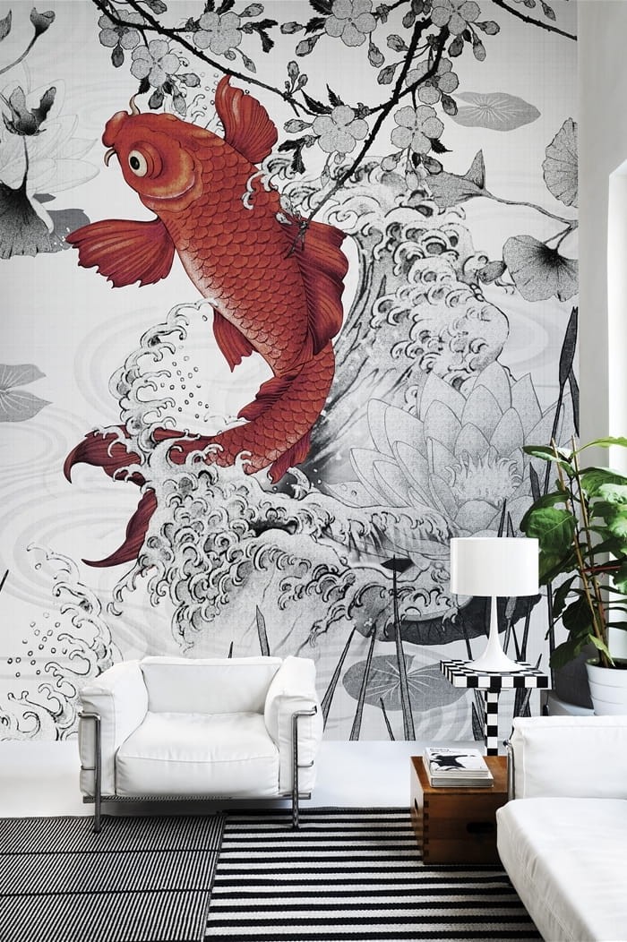 London Art 17018-06 22 Iconic Re-edition Koi - mural z motywem ryby koi, fal i kwiatów