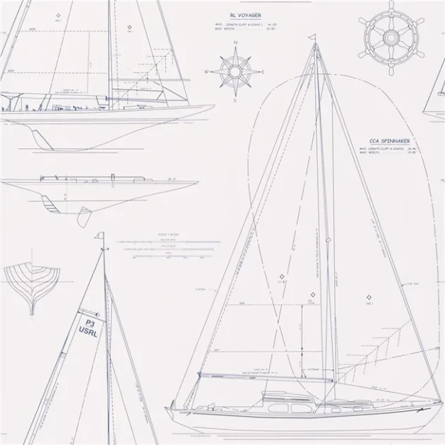 Ralph Lauren  PRL5035/01 Coastal Papers Boat Blueprint Dark Blue On White - tapeta w łodzie