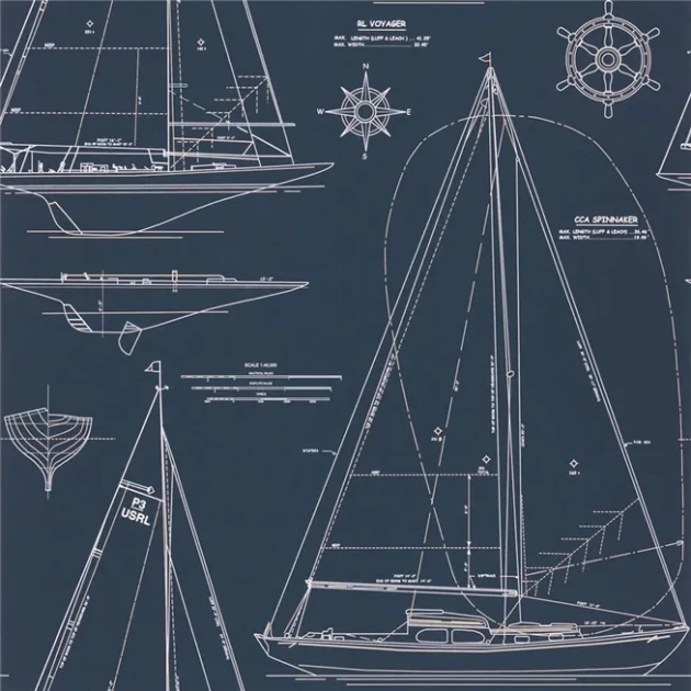 Ralph Lauren  PRL5035/02 Coastal Papers Boat Blueprint White On Dark Blue - tapeta w łodzie