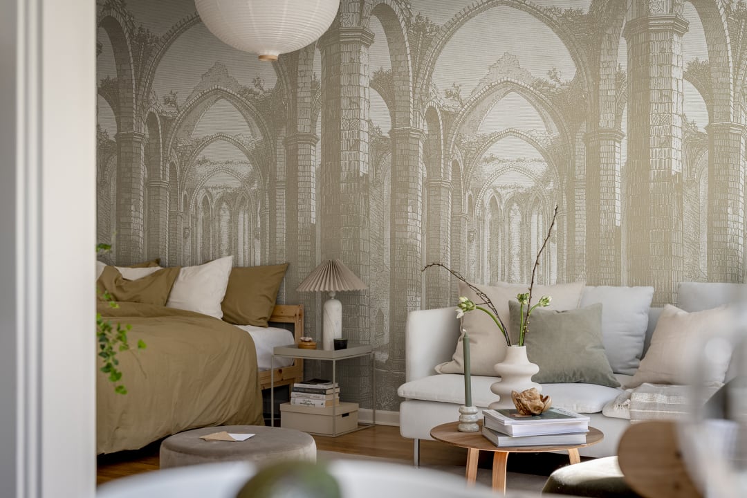 Rebel Walls R19222 Vintage Brocade Gothic Arches Sand - mural z gotyckimi łukami