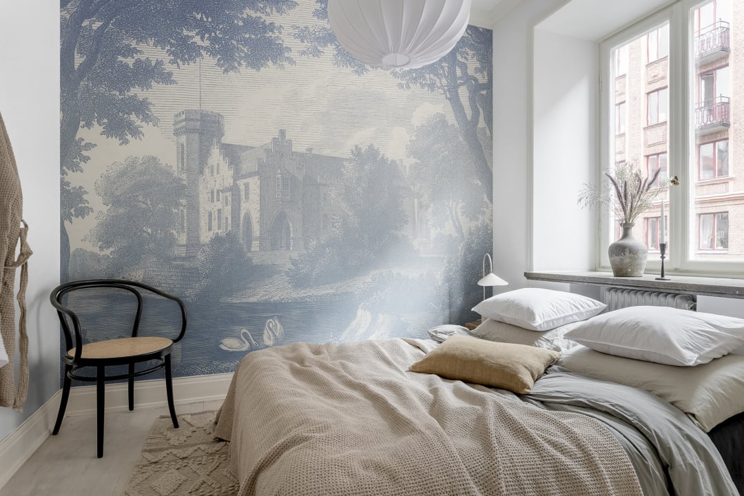 Rebel Walls R19225 Vintage Brocade Swan Pond Blue - mural z łabędziem