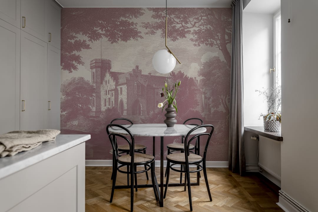 Rebel Walls R19226 Vintage Brocade Swan Pond Dusty Pink - mural z łabędziem