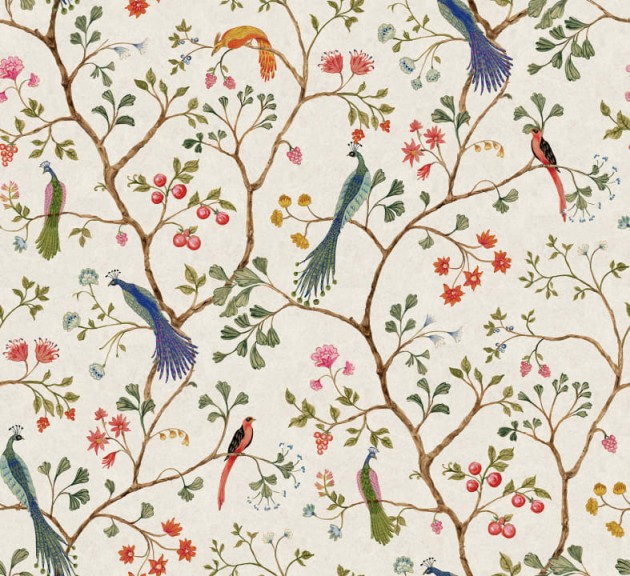 Rebel Walls R19247 Vintage Brocade Songbrids Pearl - mural w pawie
