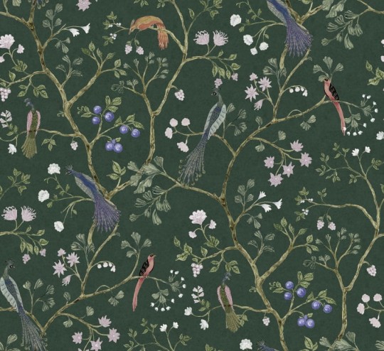 Rebel Walls R19250 Vintage Brocade Songbrids Emerald - mural w pawie