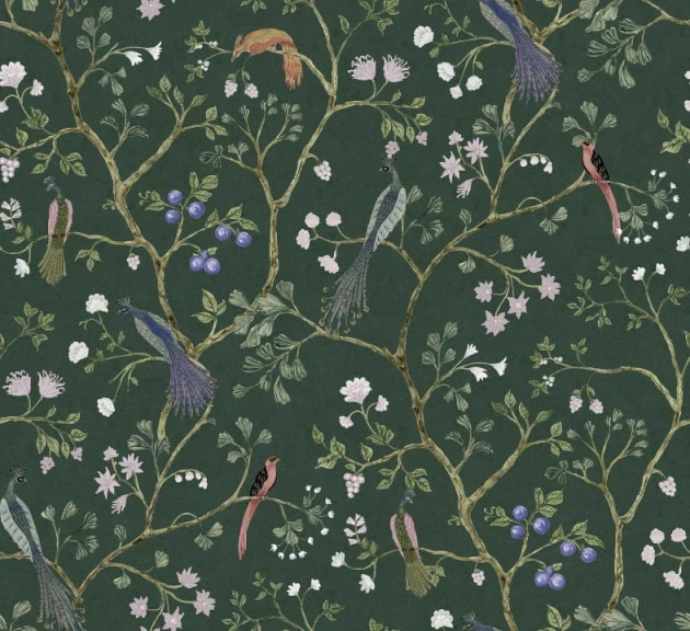 Rebel Walls R19250 Vintage Brocade Songbrids Emerald - mural w pawie