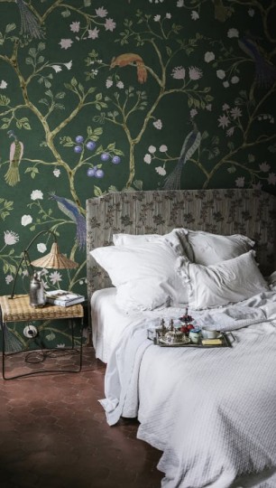 Rebel Walls R19250 Vintage Brocade Songbrids Emerald - mural w pawie
