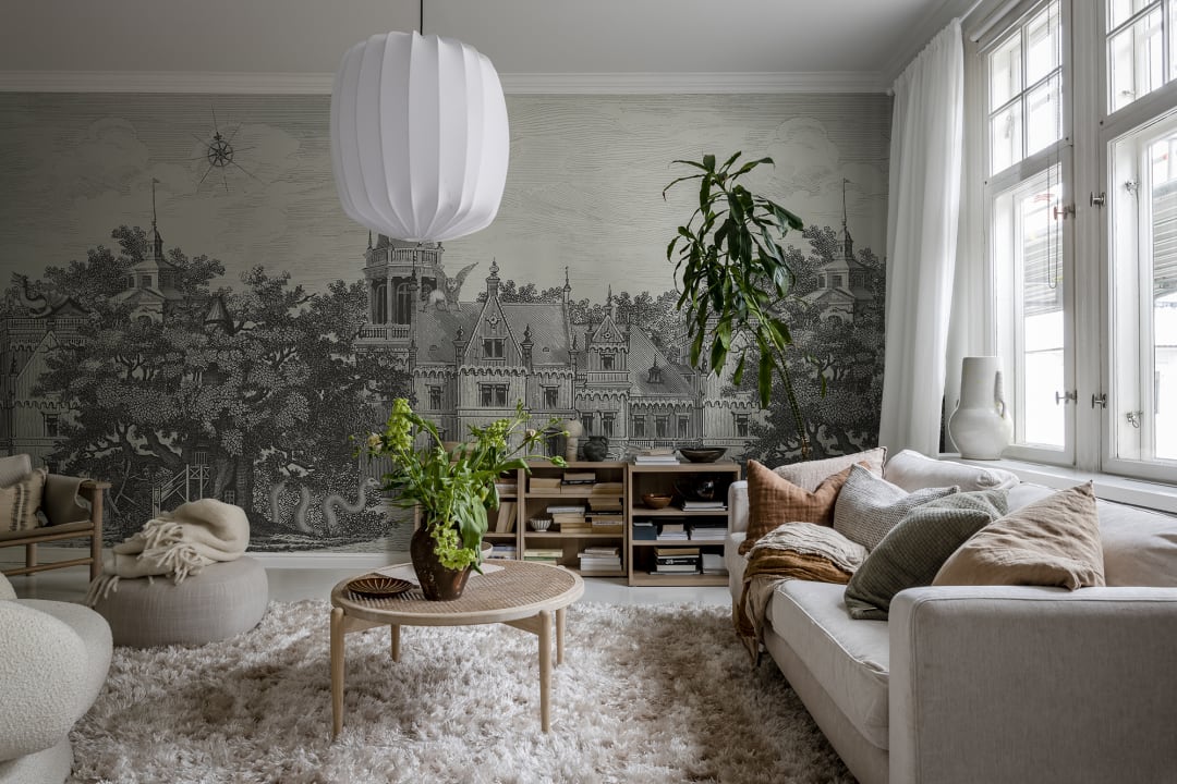 Rebel Walls R19256 Vintage Brocade Fairyland Graphite - mural z tajemniczym zamkiem