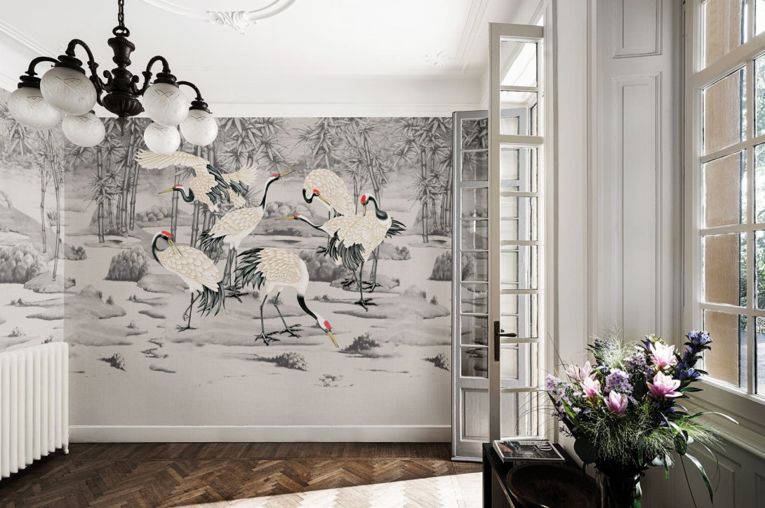 London Art KMN03 E Kimono Tabi - mural w żurawie