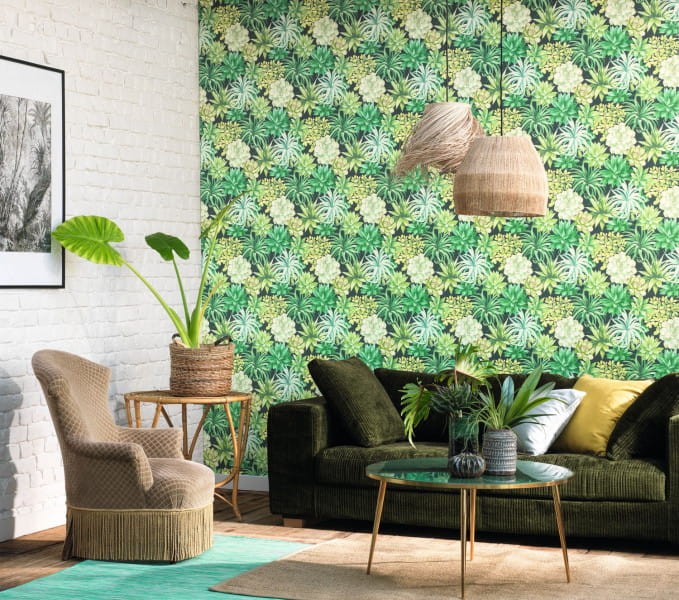 Casadeco 85917396 Botanica Echeveria Vert Jungle - tapeta w roślinną kompozycję