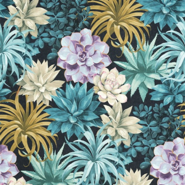 Casadeco 85916585 Botanica Echeveria Bleu Turquoise - tapeta w roślinną kompozycję