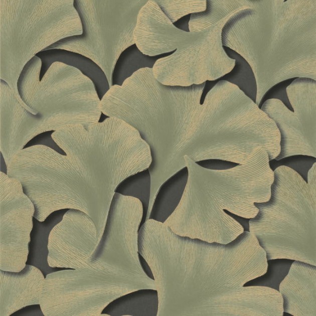 Casadeco 86247318 Ginkgo Biloba Vert Kaki - tapeta w liście miłorzębu