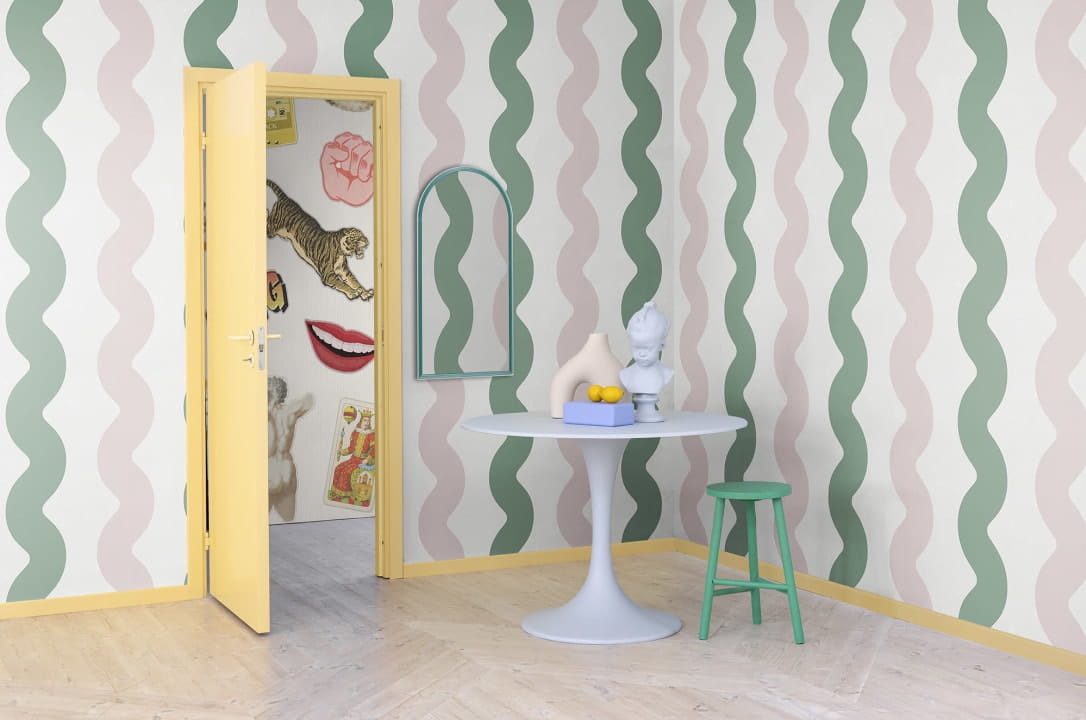 Rebel Walls R19424 More is More Wobbly Green&Pink - mural w falujące linie