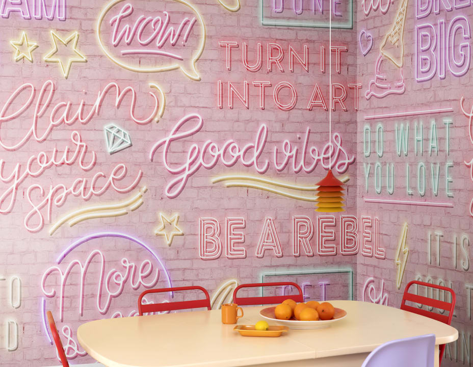 Rebel Walls R19475 More is More Neon Vibes Pink Bricks - mural z neonami